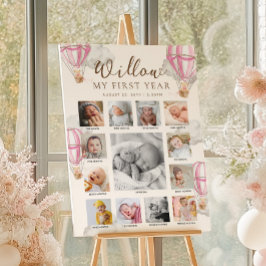 Pink Beary First Birthday Photo Timeline Poster