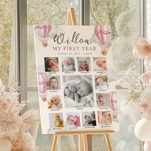 Pink Beary First Birthday Photo Timeline Poster