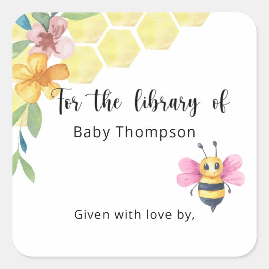 Pink Bee - Baby Shower bookplate, books for baby Quadratischer Aufkleber (Vorderseite)