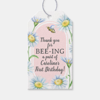 Pink Bee-Day Birthday Favor Gift Tags with Daisies Geschenkanhänger
