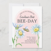 Pink Bee-Day Birthday Invitation with Daisies Einladung (Vorderseite)
