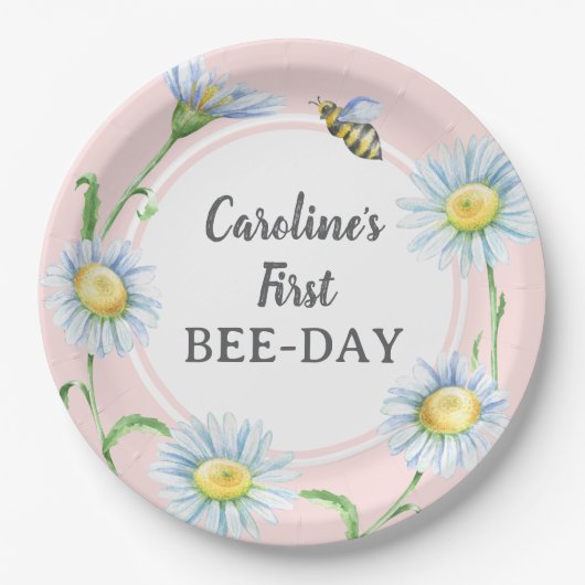 Pink Bee-Day Birthday Paper Plates with Daisies Pappteller (Vorderseite)