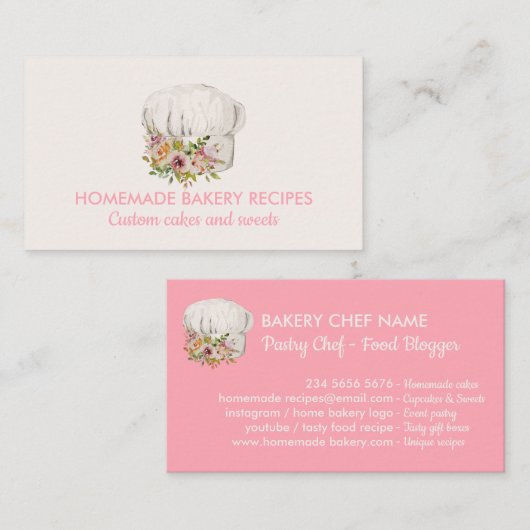 Pink Beige Bäckerei Koch Aquarellblütengebäck Visitenkarte (Vorne/Hinten)
