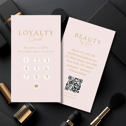 Pink & Beige-Gold  Minimal Salon QR Code Loyalty Visitenkarte