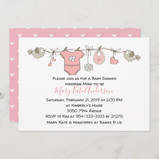 Pink Bekleidung Line Es ist ein Girl BABY SHOWER Einladung (Vorne/Hinten)