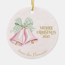 Pink Bells with Green Gingham Coquette Bows Keramik Ornament