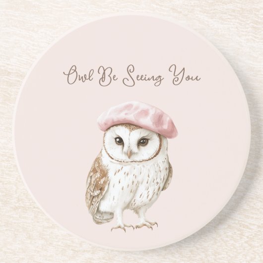 Pink Beret Brown White Owl Be Seeing You Getränkeuntersetzer (Vorne)