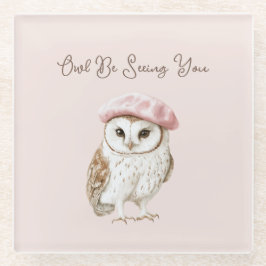 Pink Beret Brown White Owl Be Seeing You Glasuntersetzer