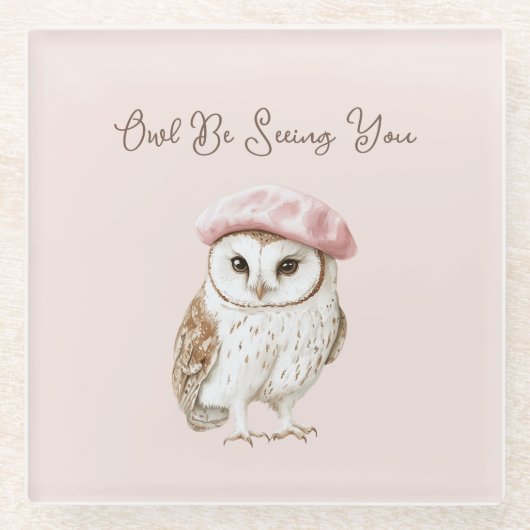 Pink Beret Brown White Owl Be Seeing You Glasuntersetzer (Vorderseite)
