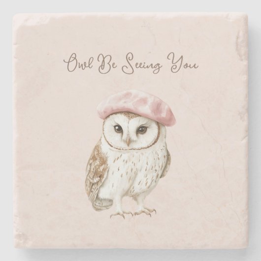 Pink Beret Brown White Owl Be Seeing You Steinuntersetzer (Vorderseite)