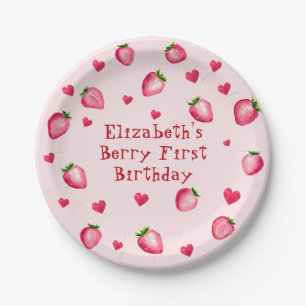 Pink Berry First Birthday Strawberry Party Herz Pappteller