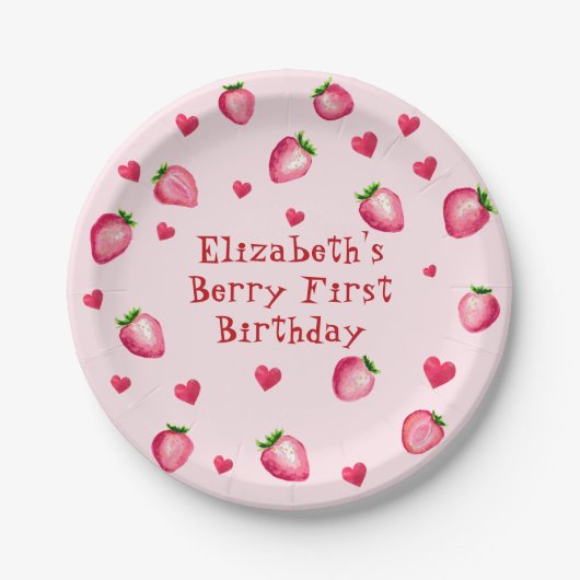 Pink Berry First Birthday Strawberry Party Herz Pappteller (Vorderseite)