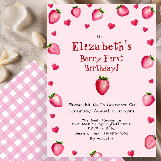 Pink Berry First Birthday Strawberry Sommer Einladung