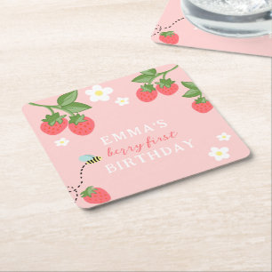 Pink Berry First Girls Erdbeere 1. Geburtstag Rechteckiger Pappuntersetzer