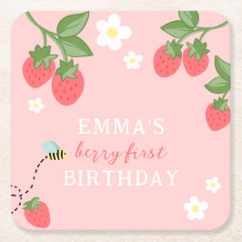 Pink Berry First Girls Strawberry 1st Birthday Rechteckiger Pappuntersetzer
