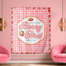 Pink Berry First Red Strawberry Birthday Hintergru Wandteppich