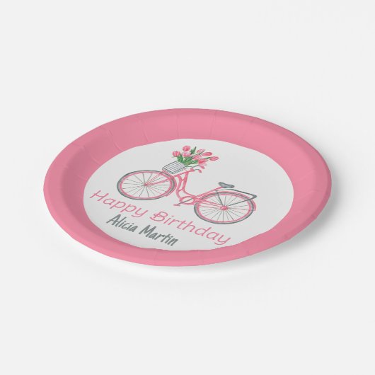 Pink Bicycle Basket Tulip Blume jedes Alter Geburt Pappteller (Schrägansicht)