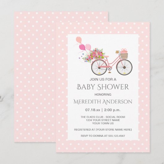 Pink Bicycle Blume Polka Dots Babydusche Einladung (Vorne/Hinten)