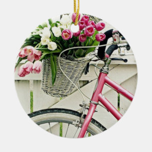 PINK "BICYCLE" MIT BASKET-BLUME KERAMIK ORNAMENT