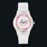Pink Bicycle & Patchwork Muster Muster Beobachtung Armbanduhr<br><div class="desc">Eine Uhr mit einer Abbildung eines rosa Fahrrads. Personalisieren Sie mit Ihrem Namen. Hintergrund ist ein inspiriertes Flickwerk,  das Gingham,  Polka Punkt,  Zickzack Zickzack-,  Streifen-,  Paisley- und Blumenmuster umfasst.</div>