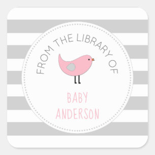 Pink Bird Girl bucht Baby Dusche Buchzeichen Quadratischer Aufkleber