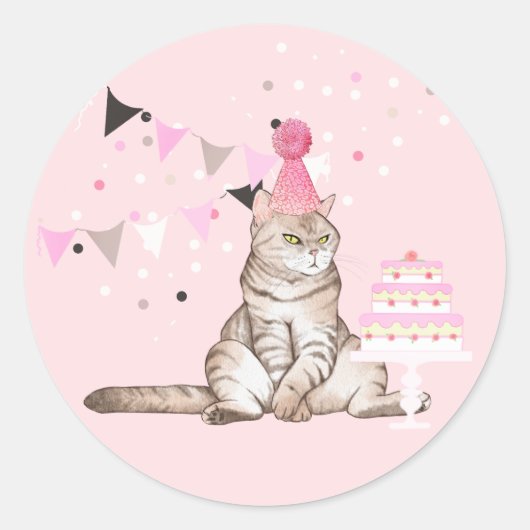 Pink Birthday Cat Party Runder Aufkleber (Vorderseite)