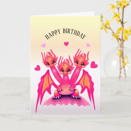 Pink Birthday Dragon Karte (Gelbe Blume)