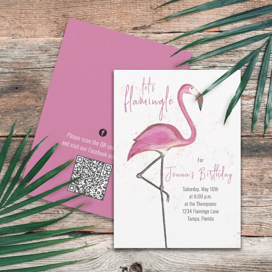 Pink Birthday Niedlich Flamingo QR Code Social Med Einladung