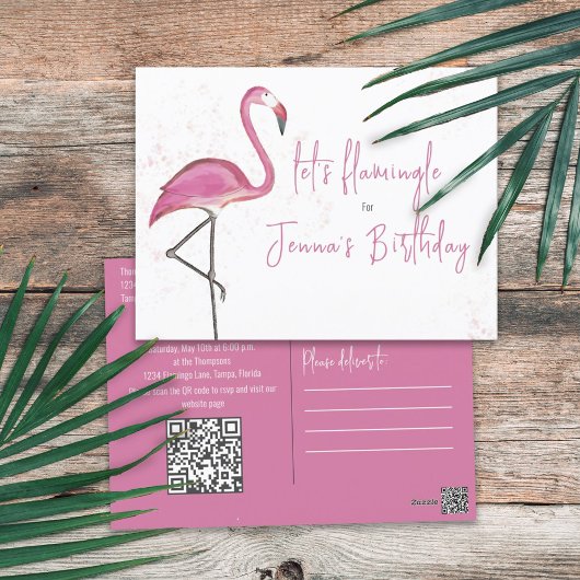 Pink Birthday Niedlich Flamingo Trendy QR Code Web Postkarte