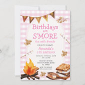 Pink Birthday sind S'mores Fun Campfire Gingham Einladung (Vorderseite)