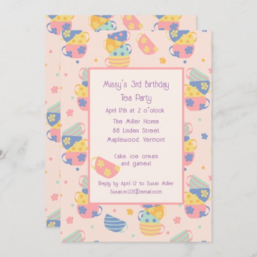 Pink Birthday Tea Party Kindererregung Einladung (Vorne/Hinten)