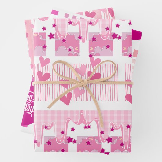 Pink Birthday Wrapping Paper Flat Sheet Set of 3 Geschenkpapier Set (Beispiel)