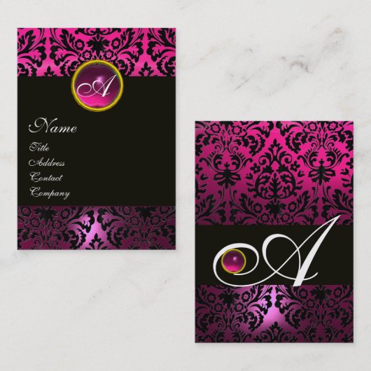 PINK BLACK AMETHYST DAMASK MONOGRAMM Fuchsia Flora Visitenkarte (Vorne/Hinten)