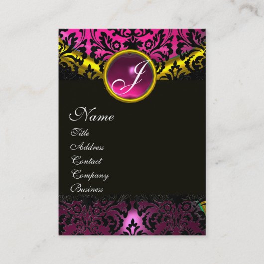 PINK BLACK AMETHYST DAMASK MONOGRAMM, Fuchsia Gold Visitenkarte (Vorderseite)