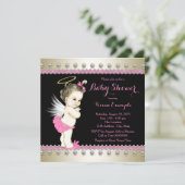 Pink Black and Gold Engel Baby Dusche Einladung (Stehend Vorderseite)