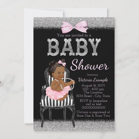 Pink Black and Silver Ethnic Girl Baby Dusche Einladung (Vorderseite)