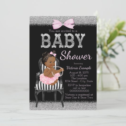 Pink Black and Silver Ethnic Girl Baby Dusche Einladung (Stehend Vorderseite)