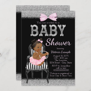 Pink Black and Silver Ethnic Girl Baby Dusche Einladung