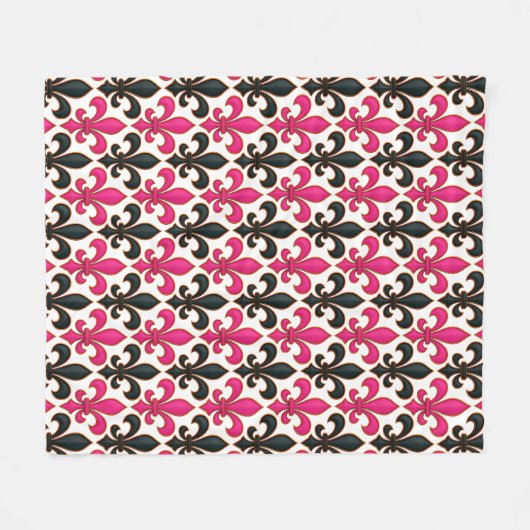 Pink Black Baroque Fleur-de-lis Pattern Design Fleecedecke (Vorderseite (Horizontal))