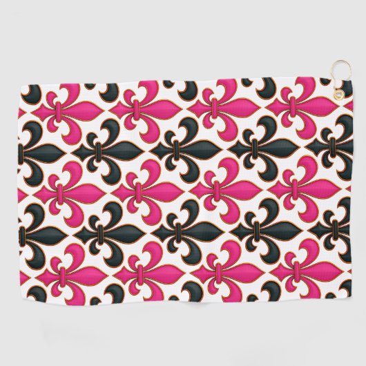 Pink Black Baroque Fleur-de-lis Pattern Design Golfhandtuch (Horizontal)