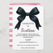 Pink Black Bow Sweet 16 Bday Einladung - Download