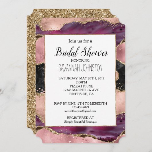 Pink Black Burgundy Gold Brautparty Einladung (Vorne/Hinten)