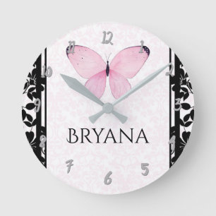 Pink & Black Butterfly Nursery Room Personalized Runde Wanduhr