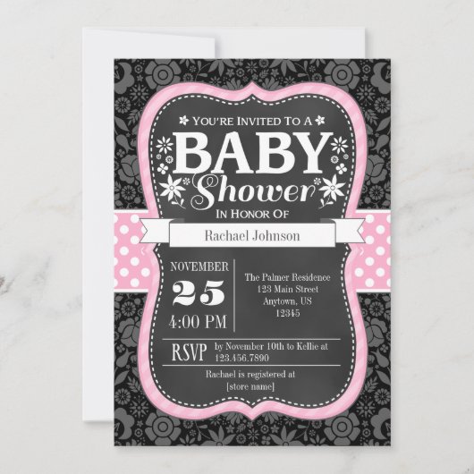 Pink Black Chalkboard Floral Baby Dusche einladen Einladung (Vorderseite)