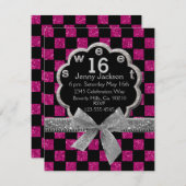 Pink & Black Checkerboard Glitzer Sweet 16 Einladung (Vorne/Hinten)