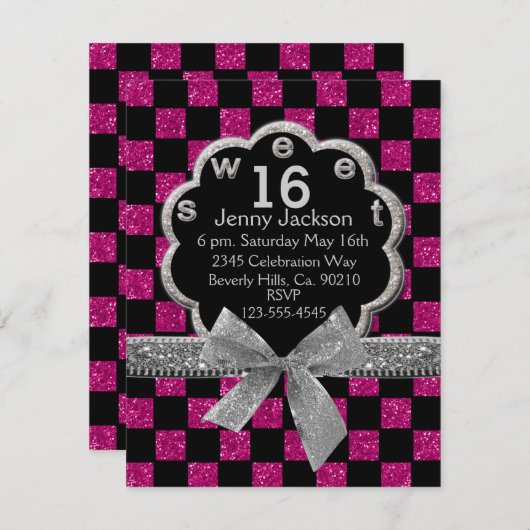 Pink & Black Checkerboard Glitzer Sweet 16 Einladung (Vorne/Hinten)