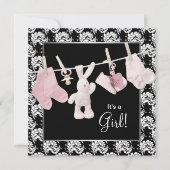 Pink Black Clothesline Baby Girl Dusche Einladung (Vorderseite)