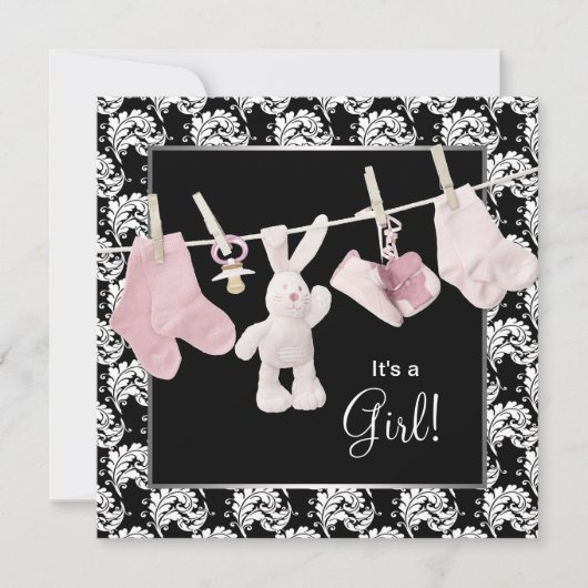 Pink Black Clothesline Baby Girl Dusche Einladung (Vorderseite)