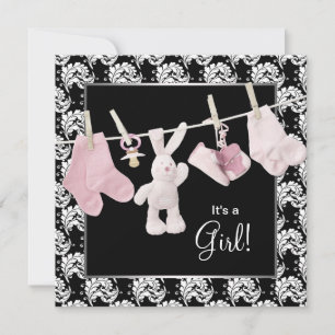 Pink Black Clothesline Baby Girl Dusche Einladung