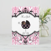 Pink Black Damask Baby Girl Dusche Einladung (Stehend Vorderseite)